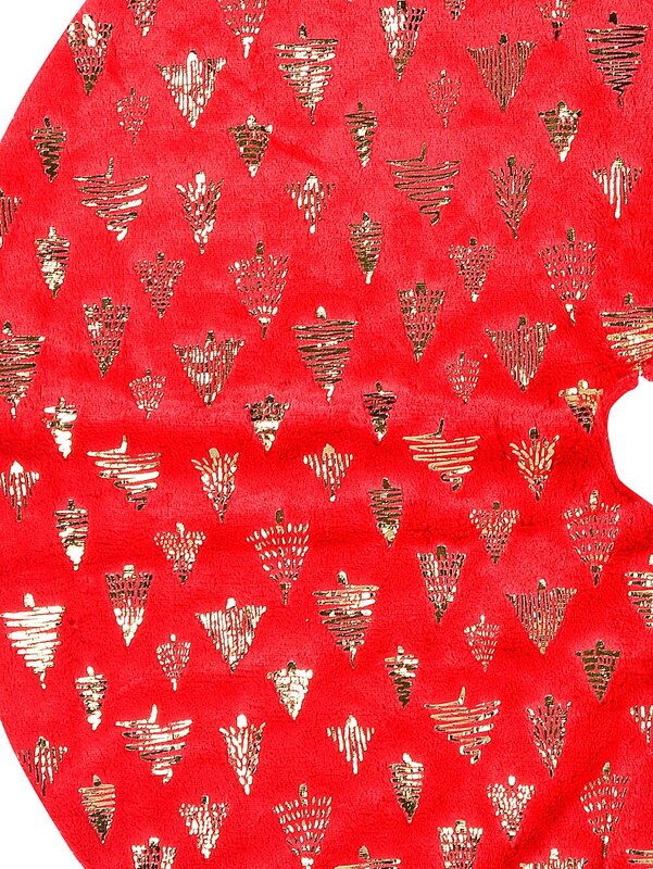 1m Red Plush Faux Fur & Gold Foil Trees Christmas Tree Skirt — image 3