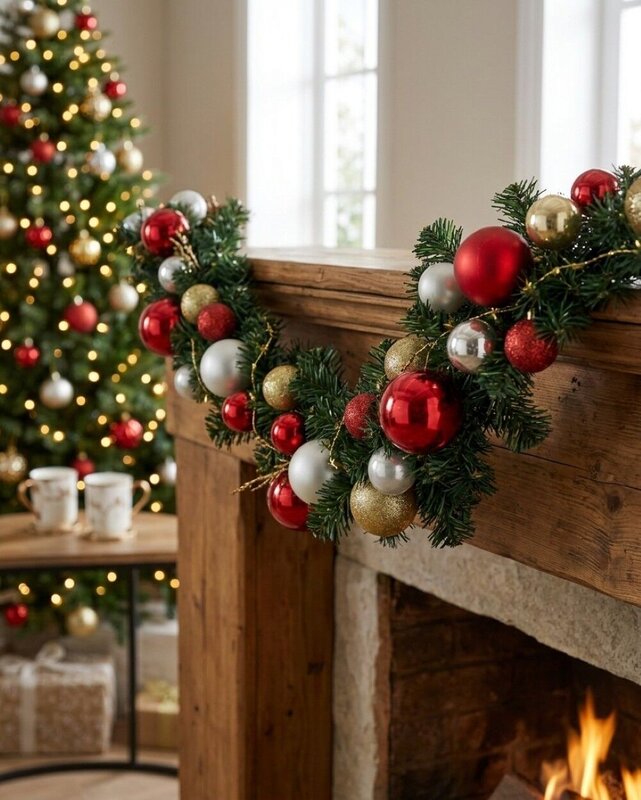 2.7m Decorated Red & Gold Bauble Christmas Garland | Star Ribbon & Twigs — image 2