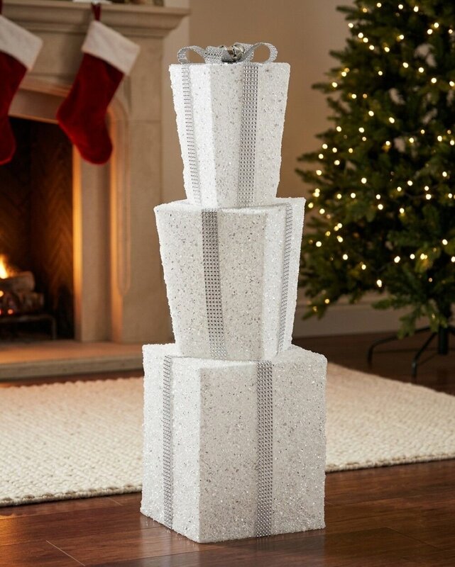 Tiered White & Silver Layered Tinsel Gift Boxes Large Display Decoration | 70cm — image 2