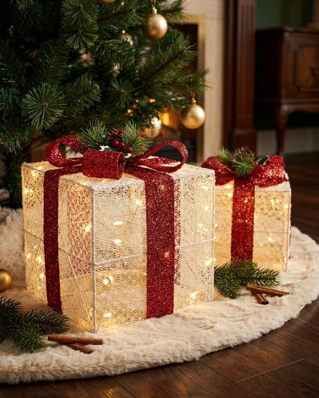 White Glitter Mesh 3D Gift Box LED Display Set | 25cm & 20cm — image 4