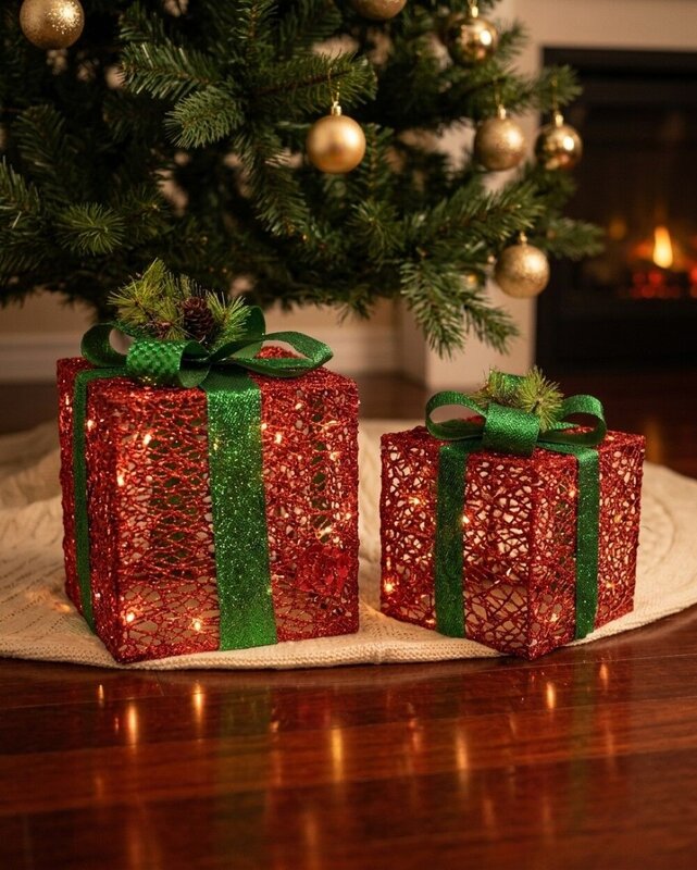 Red Glitter Mesh 3D Gift Box LED Display Set | 25cm & 20cm — image 4