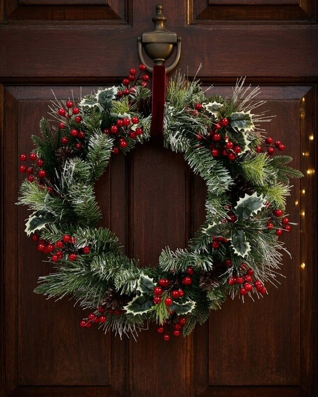 58cm Snowy Forest Christmas Wreath With Mixed Pine Spruce & Holly — image 2