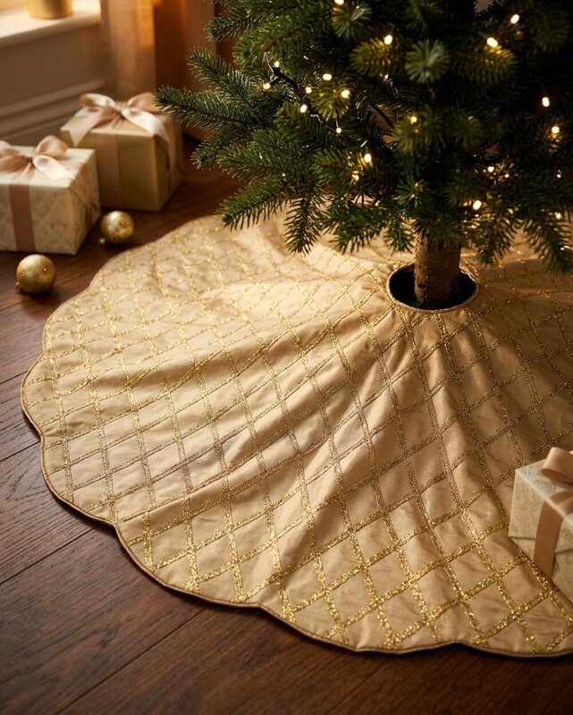1.2m Gold Silk & Metallic Tinsel Ribbon Lattice Christmas Tree Skirt — image 4