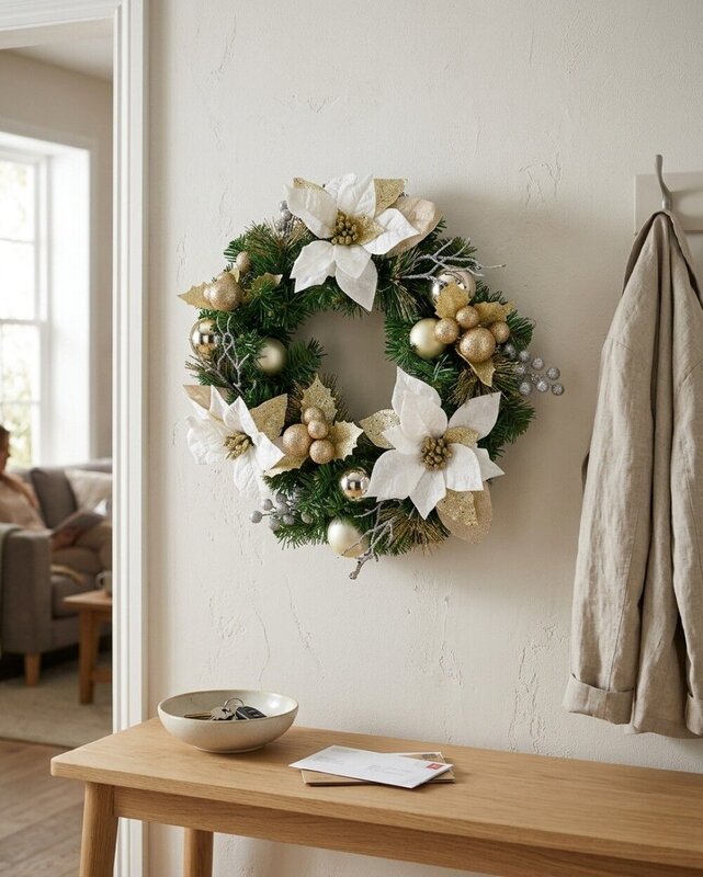 45cm Christmas Wreath With White Poinsettia, Mistletoe, Berries & Gold Baubles — image 4