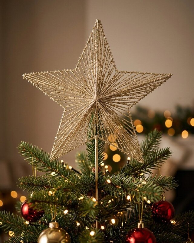 Gold Glitter & Sequin Wire Christmas Star Tree Top Long Stem | 63cm — image 2