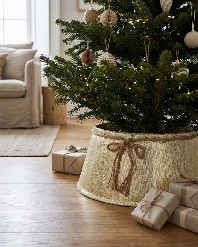 62cm Textured Gold & White Christmas Tree Collar With Rope Bow — image 4