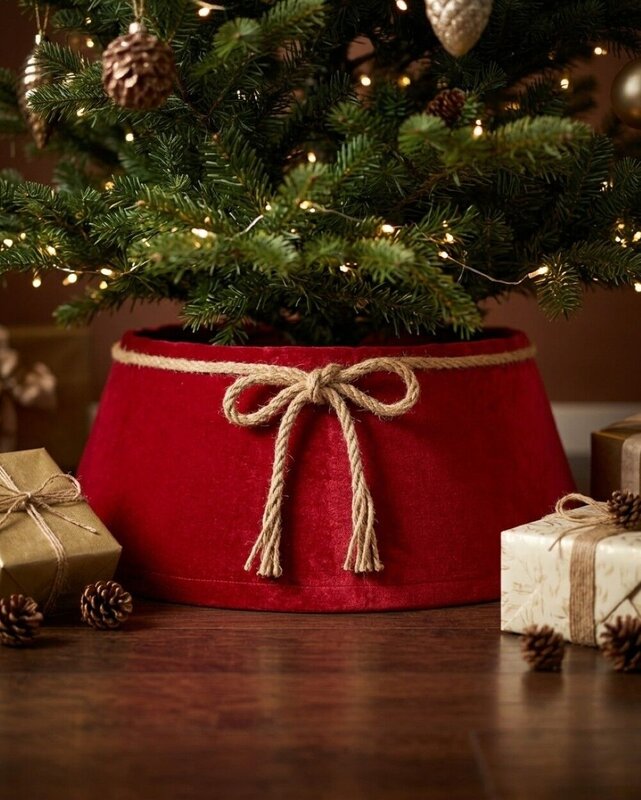 62cm Red Velvet Christmas Tree Collar With Rope Bow Knot — image 4
