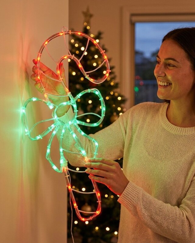 52cm Outdoor Candy Cane & Bow LED Noodle Rope Light Motif — image 3