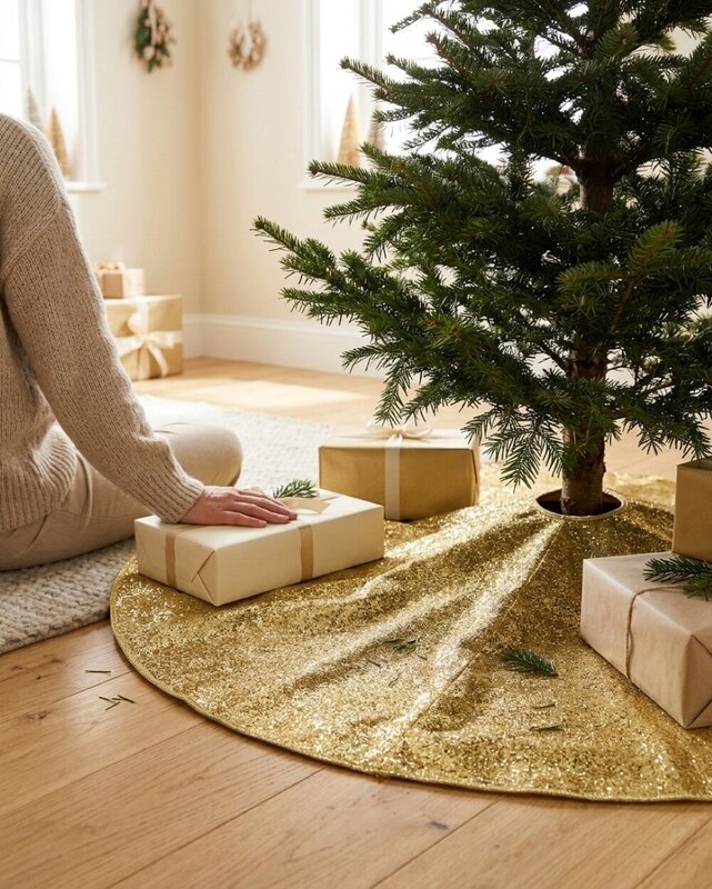 1.2m Metallic Gold Sequin & Glitter Starburst Christmas Tree Skirt — image 4