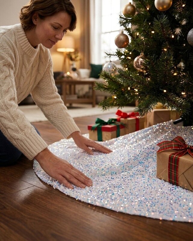 1m White Plush Faux Suede & Iridescent Sequin Christmas Tree Skirt — image 3