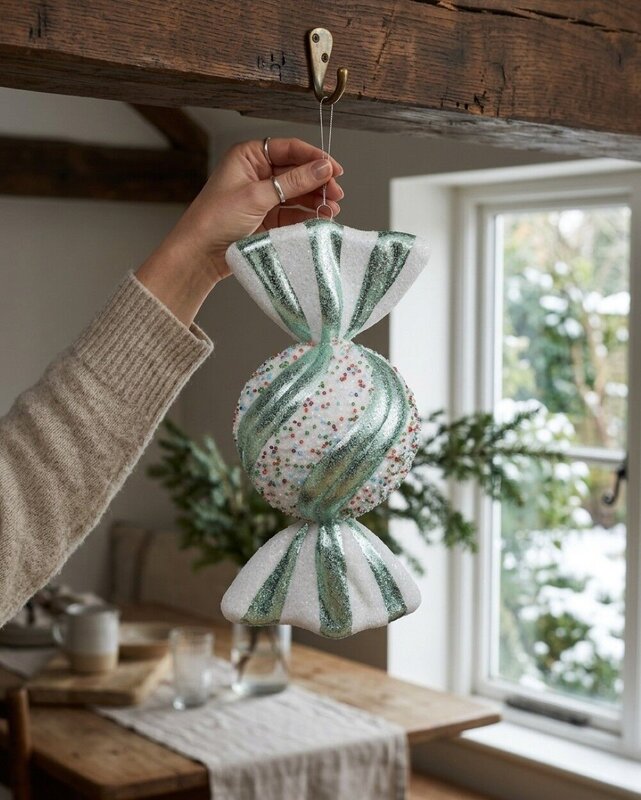 Teal & White Wrapped Sugar Ball Whimsical Statement Ornament | 27cm — image 4