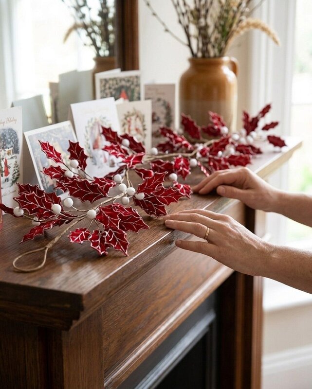 1.8m Red Velvet Holly Leaf Christmas Vine Garland | Silver Glitter & Snow Berries — image 4