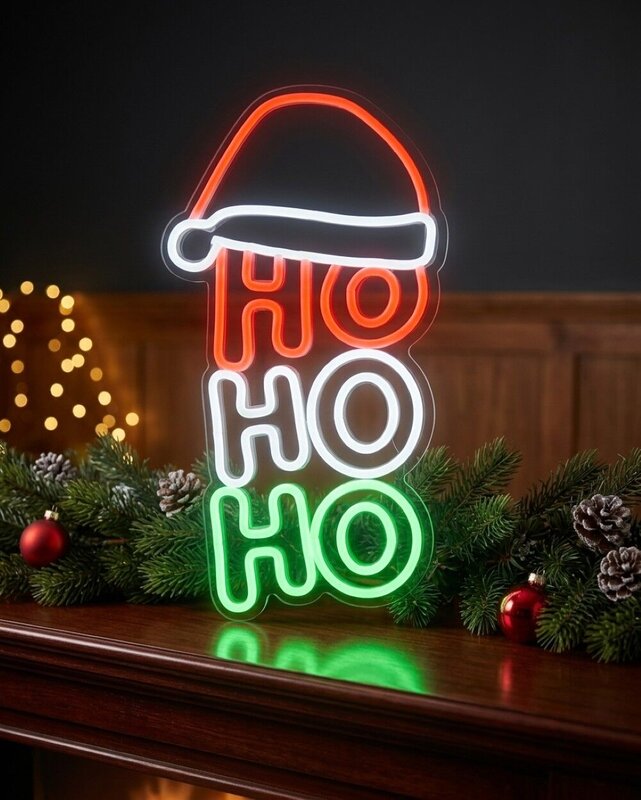 40cm Vertical Ho Ho Ho & Santa Hat Neon LED Light Display On Acrylic Board — image 4