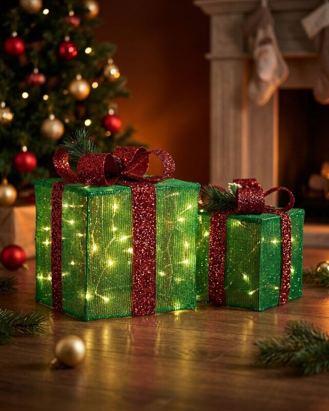 Green Glitter Mesh 3D Gift Box LED Display Set | 25cm & 20cm — image 2