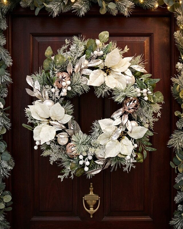58cm Blush Meadow Flocked Wreath | Elegant Poinsettia & Gold Botanicals — image 4