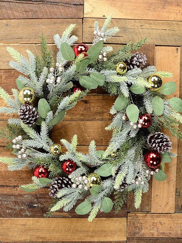 60cm Decorated Cedar & Mixed Foliage Christmas Wreath | Red & Gold Baubles — image 5