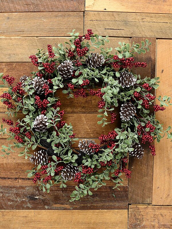 55cm Boxwood & Red Berry Christmas Vine Wreath | Snow Tipped Pine Cones — image 5