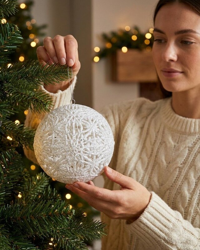 White Whimsical Signature Hollow Silver Glitter Snowflake Bauble | 14cm — image 3