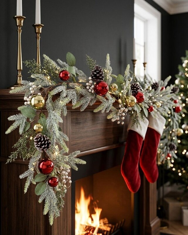 2.7m Decorated Cedar & Mixed Foliage Christmas Garland | Red & Gold Baubles — image 4