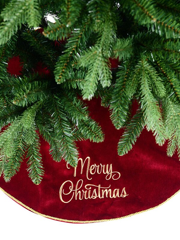1m Deep Red Velvet & Gold Merry Christmas Embroidered Tree Skirt