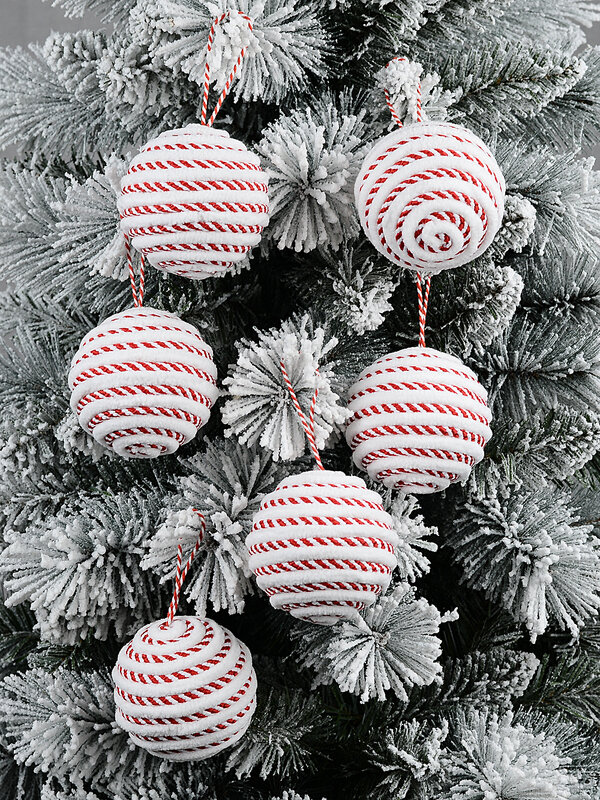 6x Classic Red & White Signature Spiral Plush Chenille Baubles | 80mm