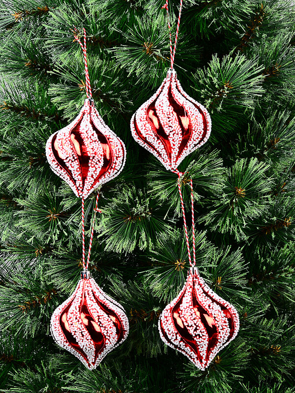 4x Classic Glossy Red & White Signature Bead Spiral Onion Finial Drops | 80mm