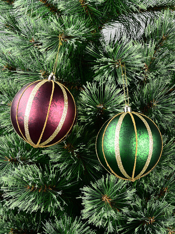 2x Heritage Green & Burgundy Signature Mercury Glitter Stripe Baubles | 10cm