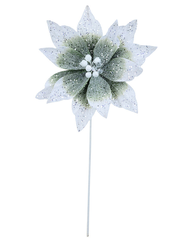 Sage Mint Ombre Velvet Poinsettia Long Stem With Silver Sequins | 30cm — image 3