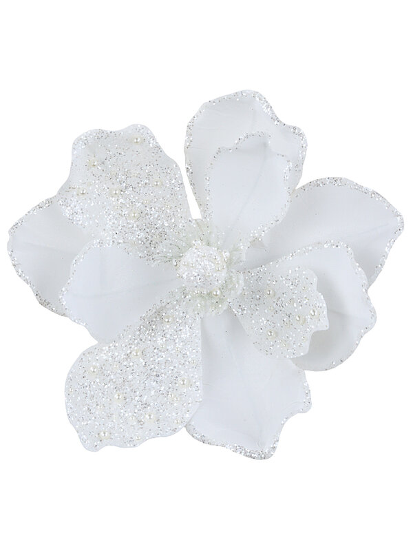 Antique White Papercraft Magnolia Jewelled Pearl Christmas Clip Stem | 18cm