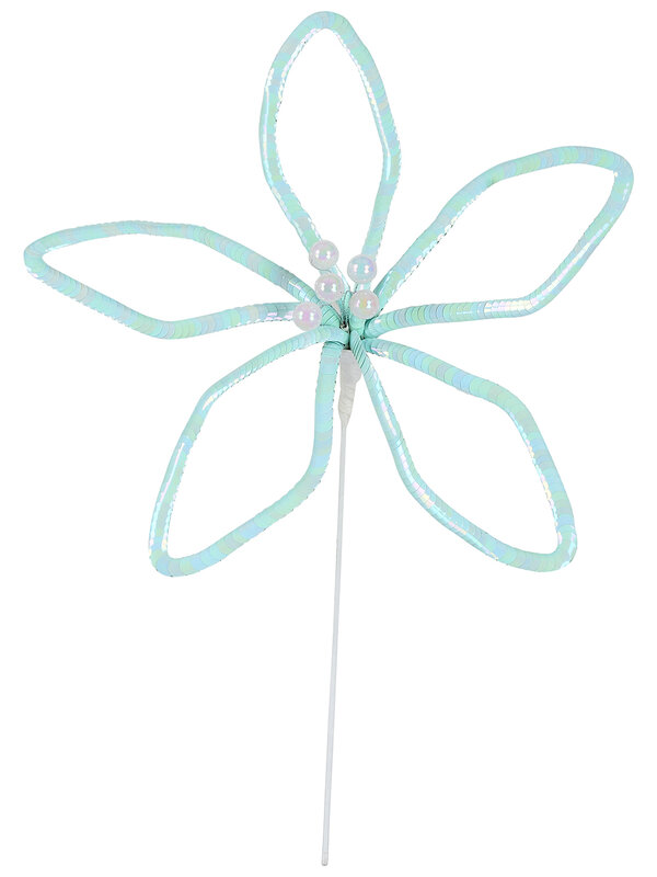 Pastel Blue Sequin Silhouette Poinsettia Pick With Pearl Cyathia | 30cm