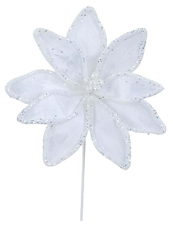 Winter White Velvet Poinsettia Long Stem With Silver Sequin Trim | 32cm — image 3