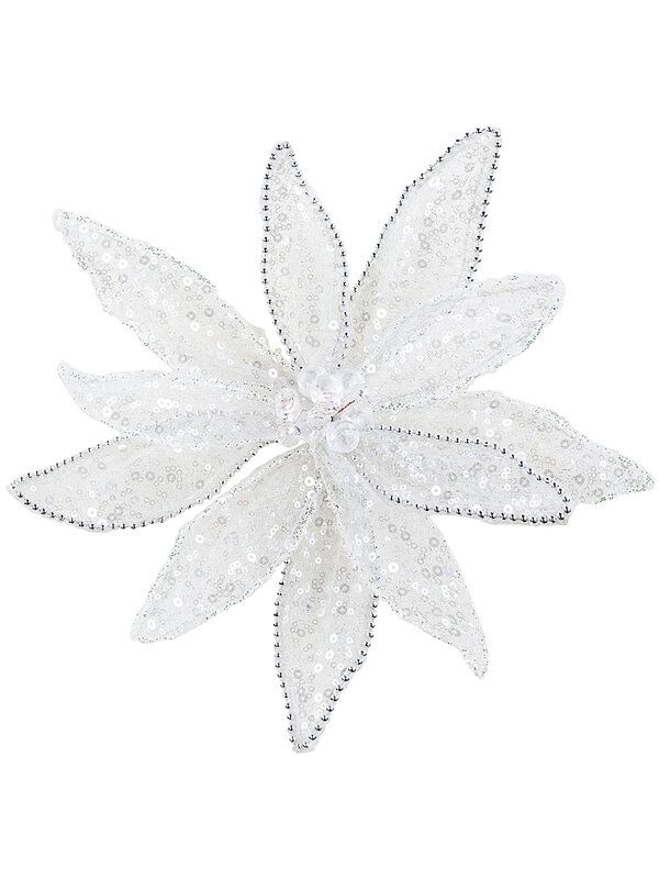 Silver Bead & Iridescent White Organza Lattice Poinsettia Clip Stem | 30cm