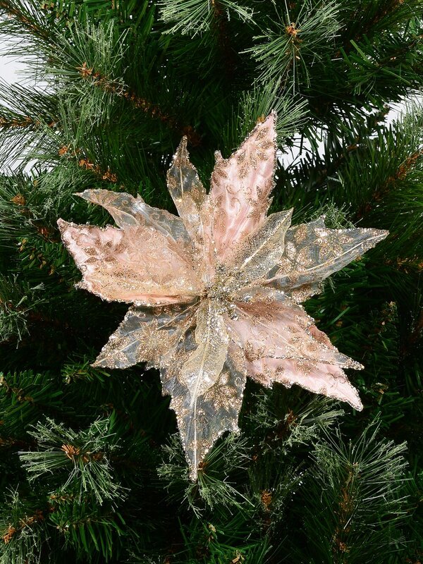 23cm Pink Mesh & Fabric Petal Poinsettia Flower Christmas Tree Clip Pick — image 2