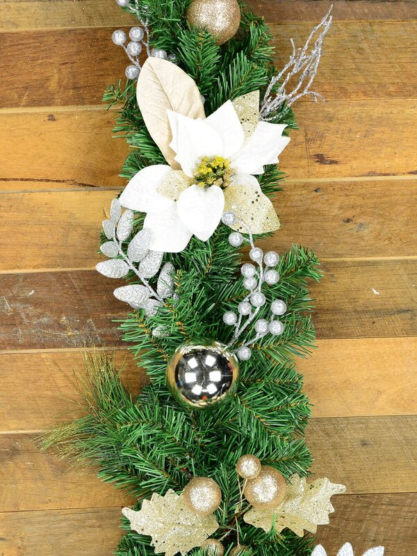 2.3m White Poinsettia and Mistletoe Christmas Garland | Gold & Silver Baubles — image 6