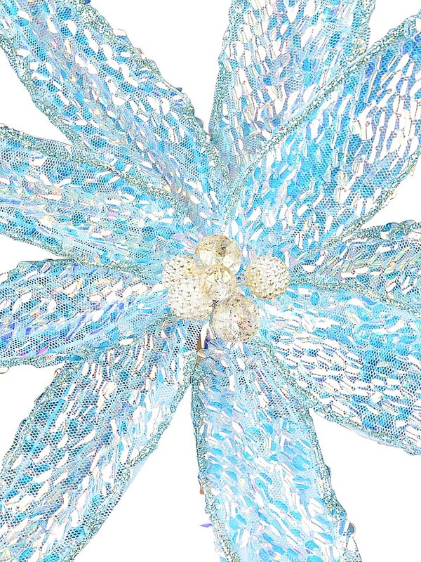Turquoise Poinsettia With Iridescent Sequins Christmas Tree Clip Pick | 26cm — image 3