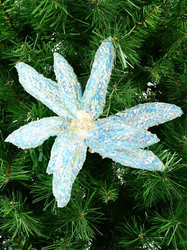 Turquoise Poinsettia With Iridescent Sequins Christmas Tree Clip Pick | 26cm — image 2