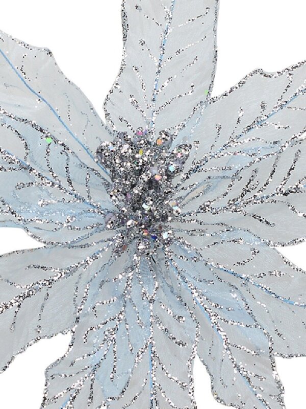 28cm Light Baby Blue Mesh Leaf Poinsettia Christmas Tree Clip Pick — image 3