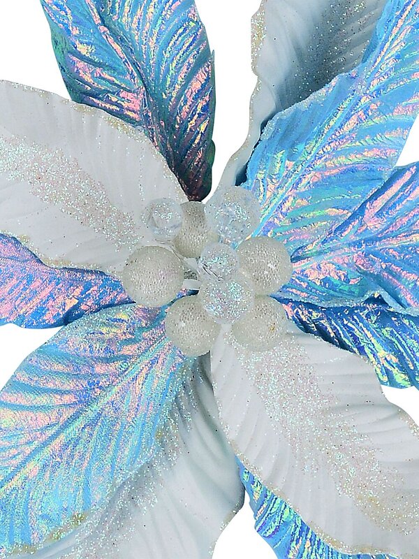 Iridescent Turquoise & Ivory Poinsettia Christmas Tree Clip Pick | 30cm — image 3