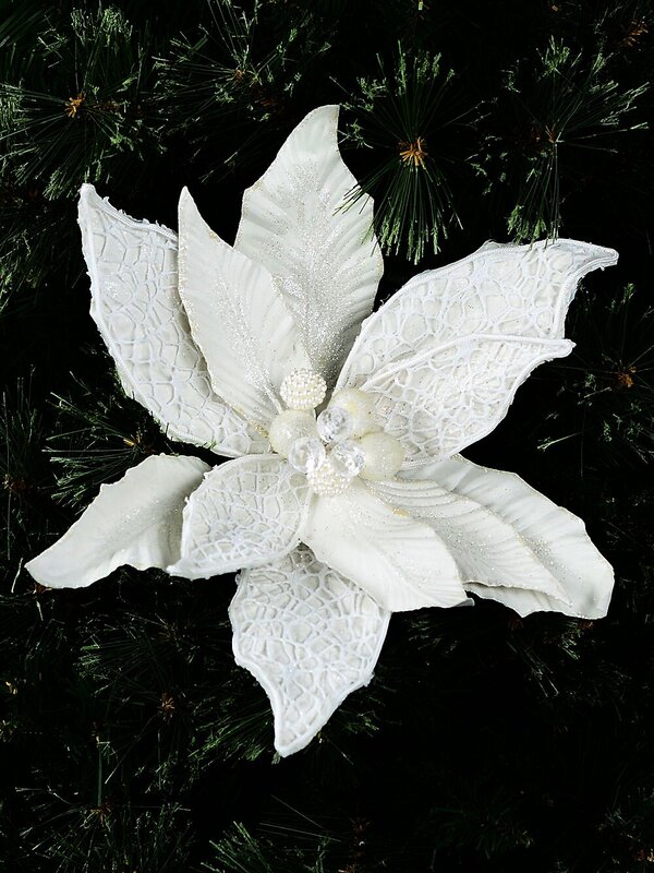Ivory Web Mesh & Textured Poinsettia Christmas Tree Clip Pick | 30cm — image 2
