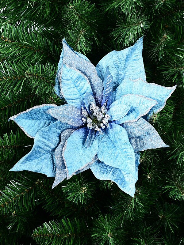 Layered Blue With Glitter Poinsettia Christmas Tree Clip Pick | 30cm — image 2