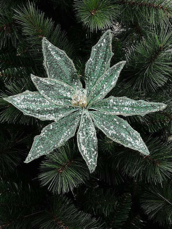 Mint Green Sequins On Mesh Poinsettia Christmas Tree Clip Pick | 30cm — image 2