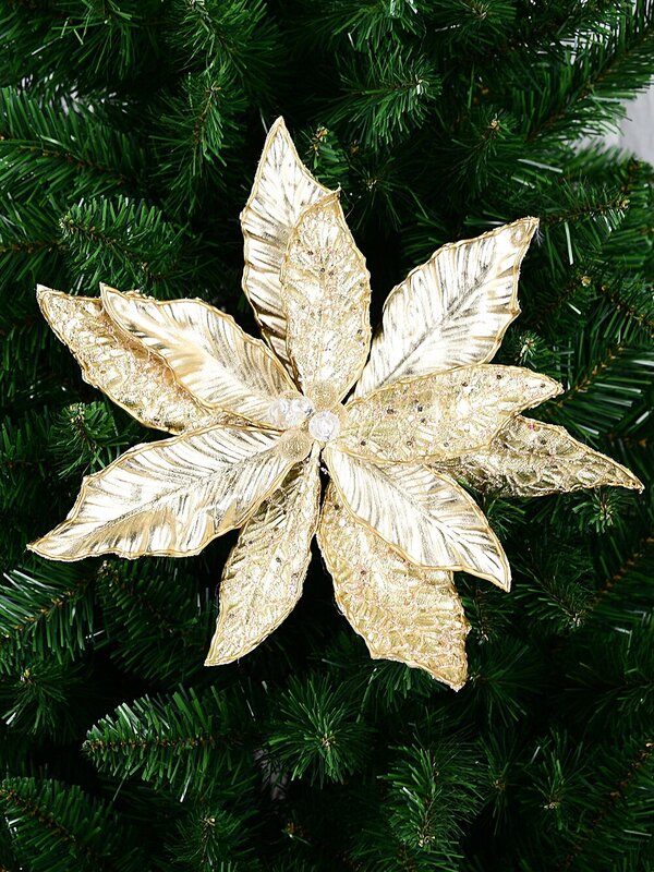 Matte Gold & Shiny Champagne Poinsettia Christmas Tree Clip Pick | 32cm — image 2