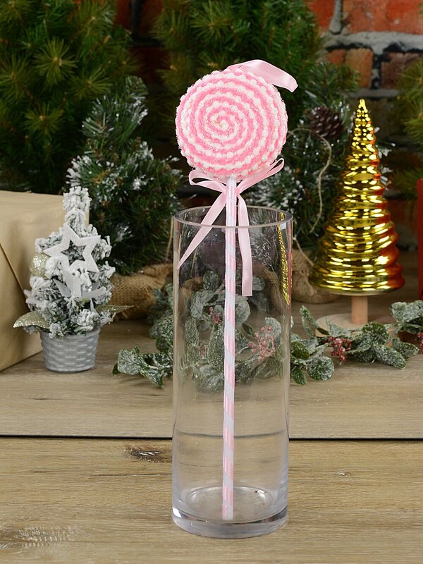 Pink & White Lollipop Swirl With Satin Bow Long Christmas Stem | 38cm — image 2