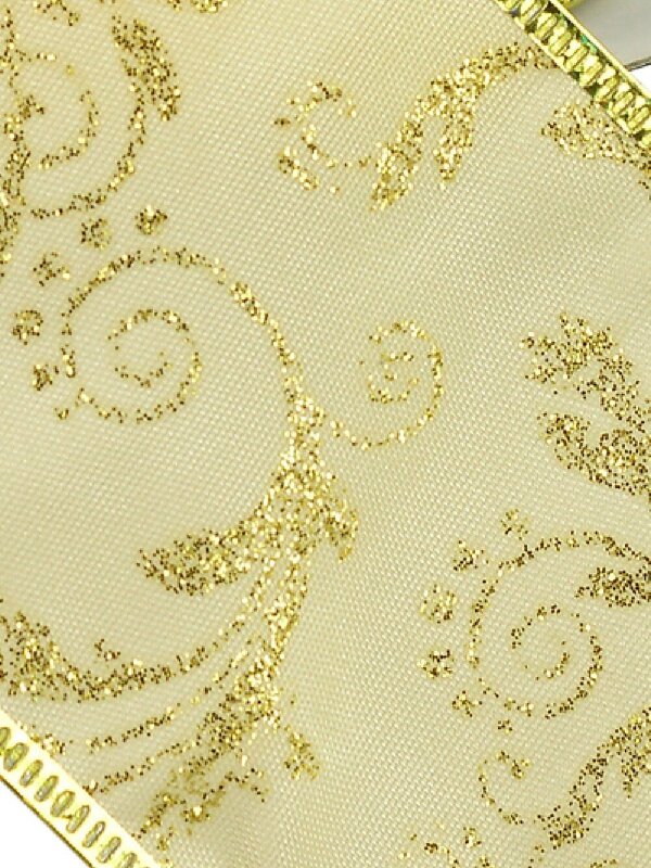 3m Champagne Satin Wide Cut Ribbon With Gold Floral Pattern