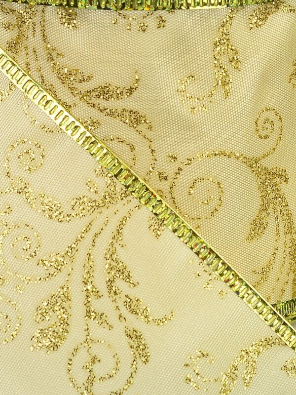 3m Champagne Satin Wide Cut Ribbon With Gold Floral Pattern