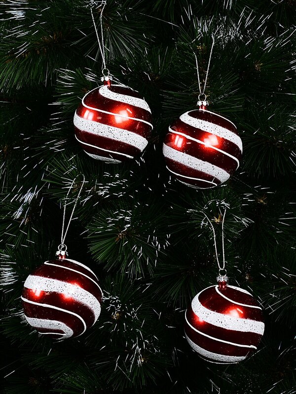 4 x 80mm Candy Apple Red Baubles With Silver Glitter White Swirl Pattern — image 2