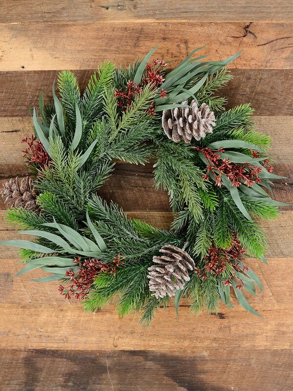 44cm Pine Tips With Eucalyptus Leaves, Flowers & Pinecones PVC Wreath — image 2