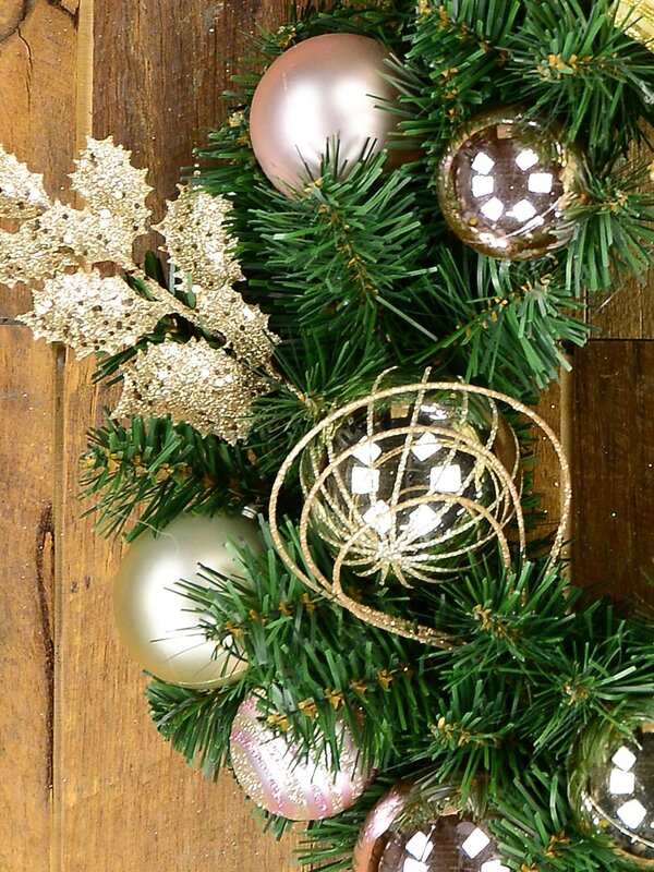 45cm Champagne & Pink Bauble, Holly Leaf & Whisker Loops Fir Wreath — image 3