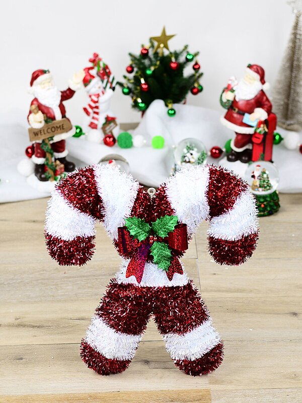 Red & Iridescent White Stripe Crossing Candy Canes Tinsel Plaque | 47cm — image 2