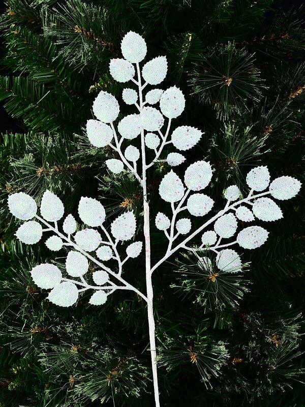 White & Iridescent Glitter Holly Leaf Look Long Christmas Stem | 47cm — image 2